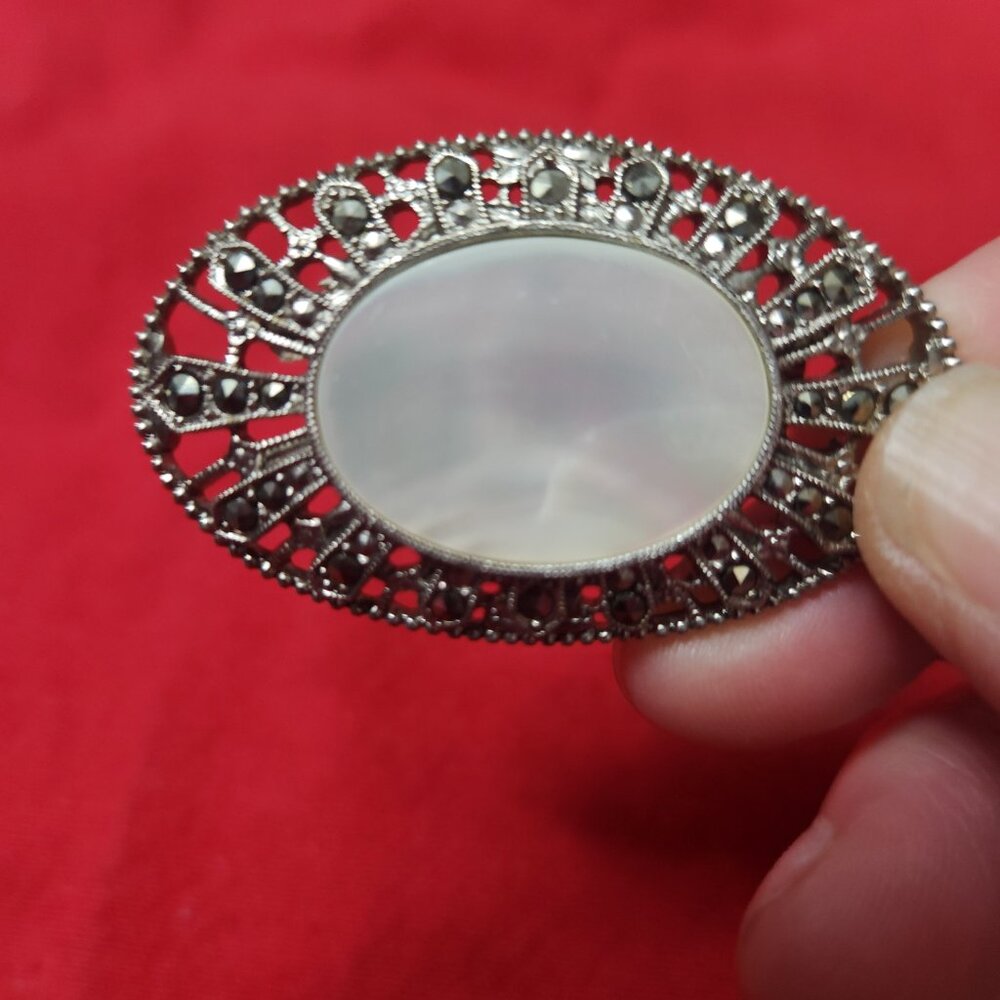 1928 Jewelry Earrings & Brooche Faux MOP Moonstone Silver Art Deco Victorian 80s - Picture 8 of 9